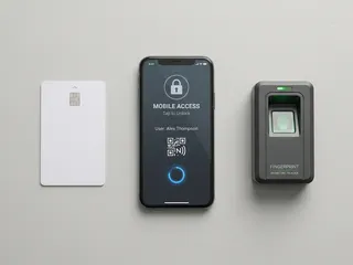 Access control credentials; proximity card, smartphone mobile credential and fingerprint reader representing the three main approaches to authentication