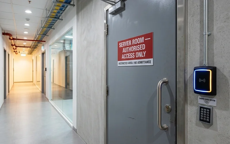 Access control card reader outside server room at Singapore commercial building; physical access to sensitive systems is now part of cybersecurity compliance