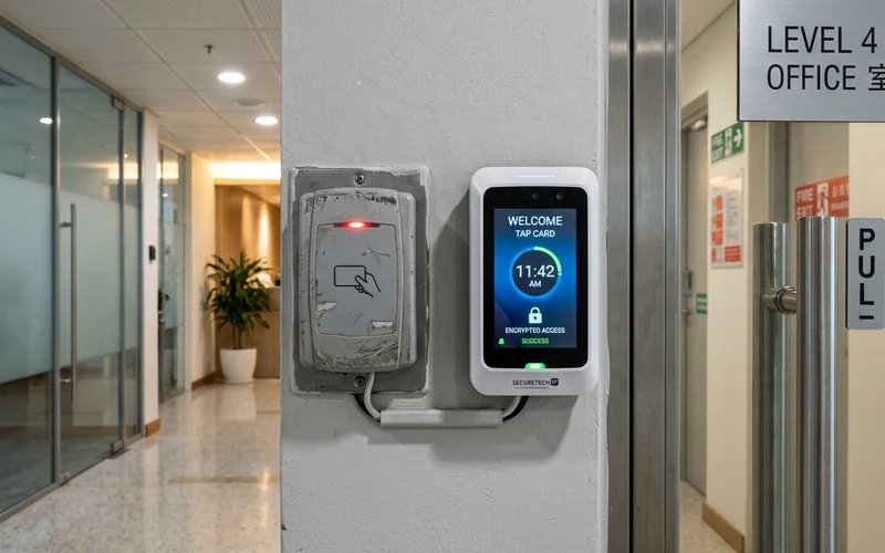 Modern encrypted access control card reader next to older proximity card reader; illustrating the technology gap in Singapore commercial buildings