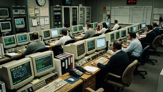 Vintage alarm monitoring centre with operators at workstations receiving signals from telephone line connected alarm systems