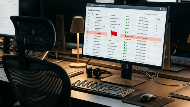 Monitoring centre operator reviewing account status on screen; the challenge of knowing whether silent accounts are genuinely safe or simply unreachable