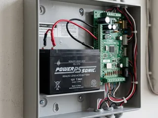 Sealed lead-acid backup battery inside an open alarm panel; the built-in power backup that keeps the alarm running during a mains power failure