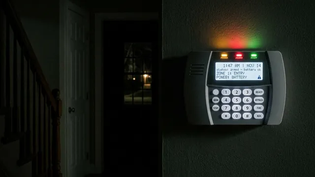 Alarm panel operating on battery backup power during a mains power failure; the system continues protecting the property without interruption