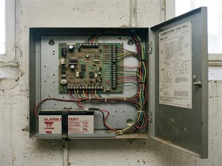 Inside an alarm control panel showing the main circuit board and backup battery; the components where degradation typically occurs unseen