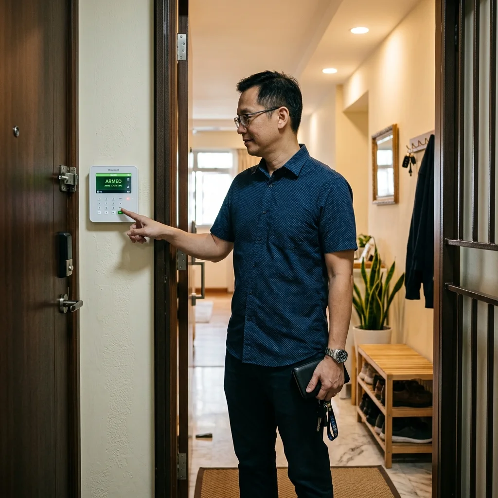 Homeowner arming a modern alarm keypad as part of a daily security routine; consistent use matters more than expensive technology
