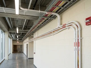 PVC conduit protecting alarm wiring along a wall; cables installed correctly and protected physically often outlast multiple generations of alarm panels