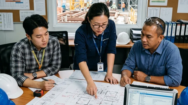 Construction site coordination meeting with architectural drawings; security system coordination failures during design create costly variations during construction