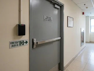 Access controlled door with emergency exit bar; electronically locked doors on escape routes must release automatically during a fire emergency, requiring a confirmed interface with the fire alarm system