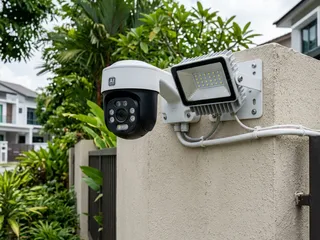 AI camera with integrated floodlight installed at a Singapore property rear boundary; the see it, light it, alert it solution