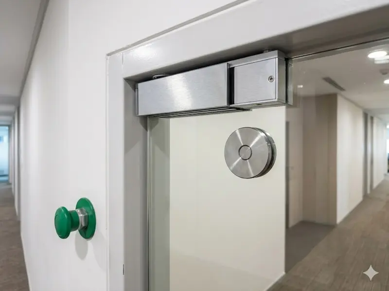 Electromagnetic lock installed on glass door in Singapore commercial office; fail-safe design releases when power is lost