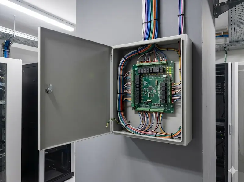 Networked access control panel in Singapore commercial building communications room; centralised management of multiple doors