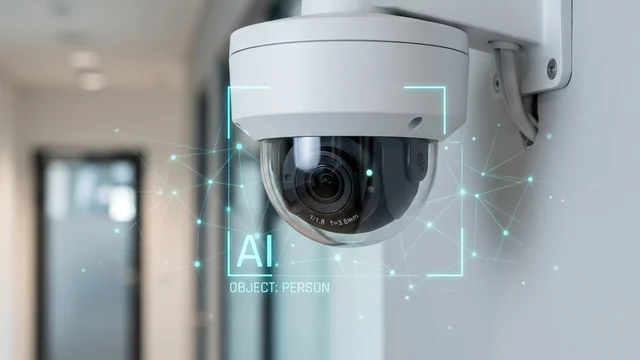 Modern AI-capable CCTV camera with onboard processing; AI analytics can be added at the camera, recorder or server level depending on the existing system