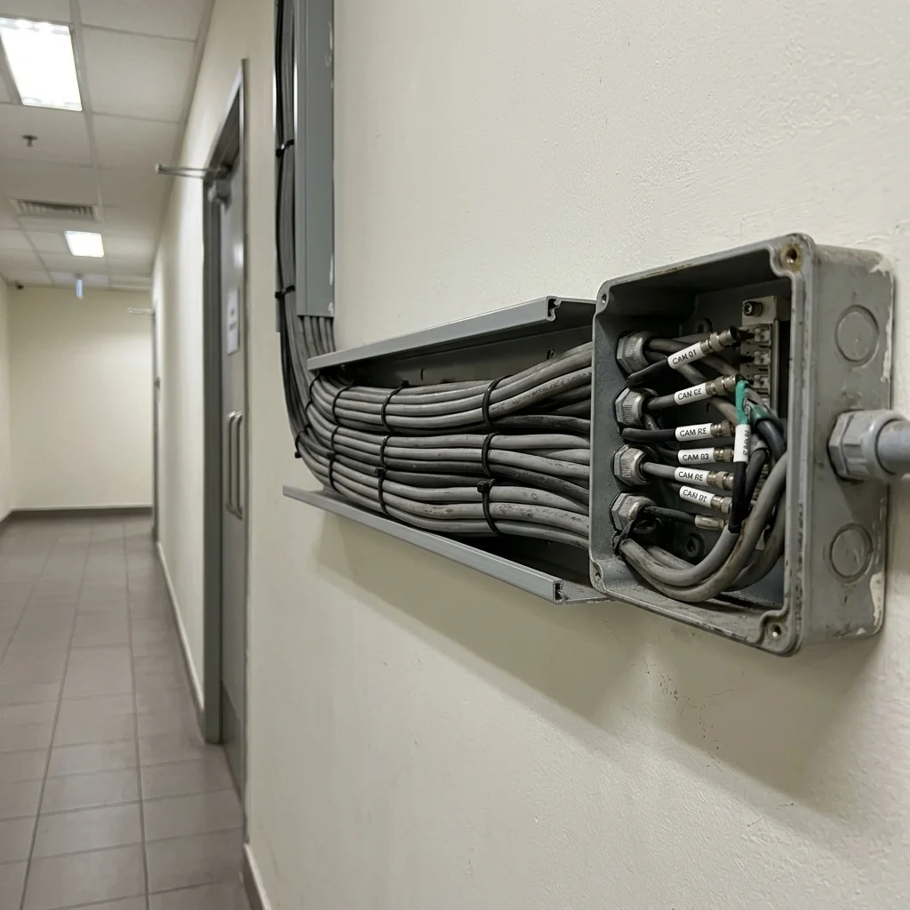 Existing CCTV coaxial cable infrastructure at a Singapore property; often the most valuable part of the old system and the part most likely to be reusable