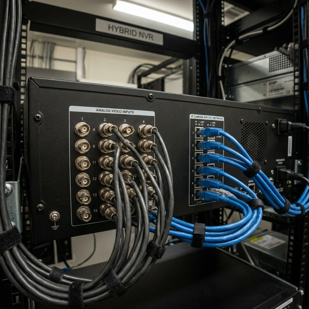 Hybrid CCTV recorder connecting both analogue cameras and IP cameras; allowing phased migration without replacing everything simultaneously