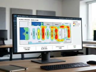 Retail store heatmap overlay showing customer movement patterns; warm areas indicate high dwell time, cool areas show where customers rarely spend time