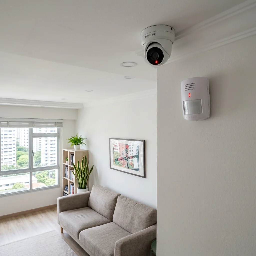 CCTV camera and alarm detector installed together on the same wall; the combination approach to layered security
