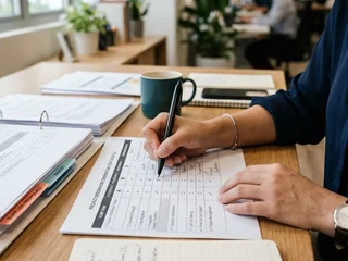 MCST manager reviewing printed security integrator scope comparison table; extracting scope items before considering price
