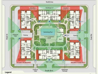 Estate floor plan with CCTV coverage zones marked and blind spots highlighted; making security gaps visible to residents is more persuasive than describing them