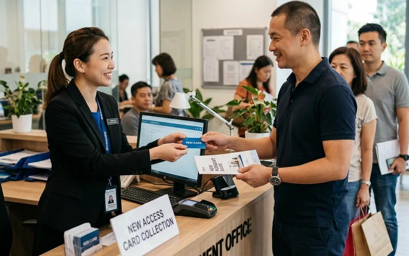 Singapore condominium management office staff distributing new access cards to residents at counter during security system upgrade