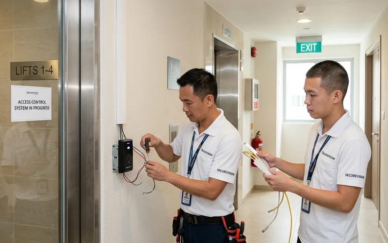 Securevision engineers installing new IP access control equipment in Singapore condominium common corridor during security upgrade