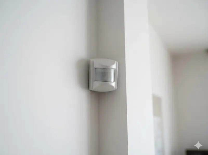 PIR motion detector mounted in the corner of a Singapore interior; one of the most common sources of false alarm activations when incorrectly placed