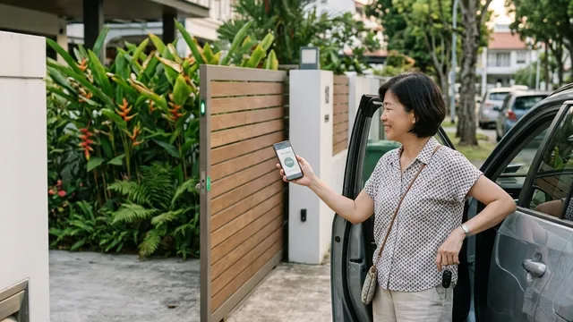 Homeowner using smartphone to open auto gate at Singapore landed property; WiFi gate control as an alternative to the traditional remote