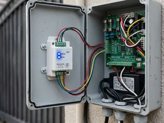 WiFi control module connected to an existing gate motor controller; the small addition that enables smartphone control without replacing the motor