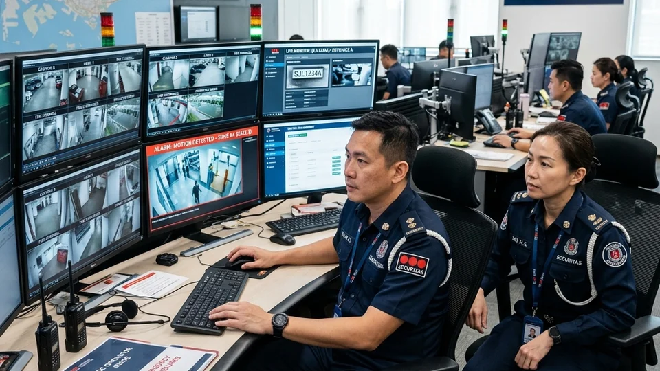 Singapore security guarding company operations centre; officers monitoring multiple estates with technology support