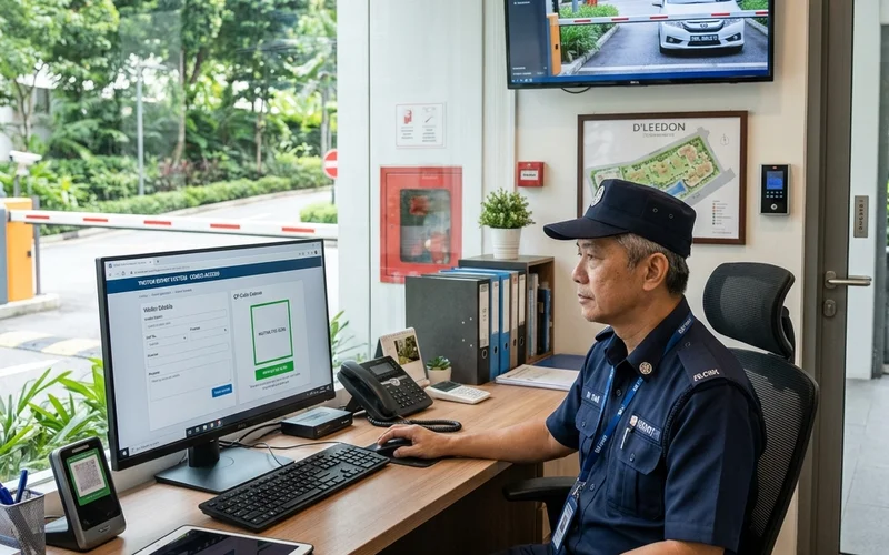 Singapore condominium guardhouse with technology-assisted operations; officer monitoring digital visitor management and LPR system