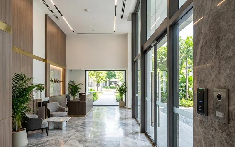 Singapore condominium lobby showing access control reader and CCTV camera; estate security covers common areas but not individual units