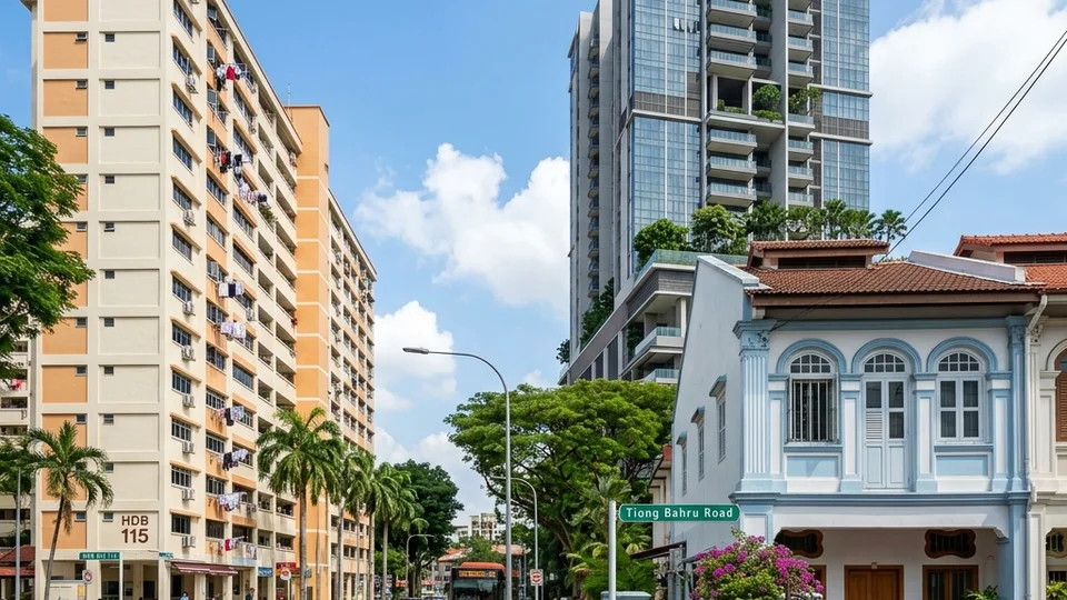 Three Singapore property types side by side; HDB block, condominium tower, and landed terrace house; illustrating different security perimeters