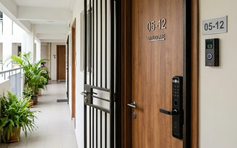 Singapore HDB flat front door with digital lock and video doorbell; the primary security focus for most HDB homeowners