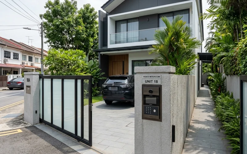 Singapore landed home perimeter; driveway, side gate, and garden areas requiring comprehensive security coverage beyond the front entrance