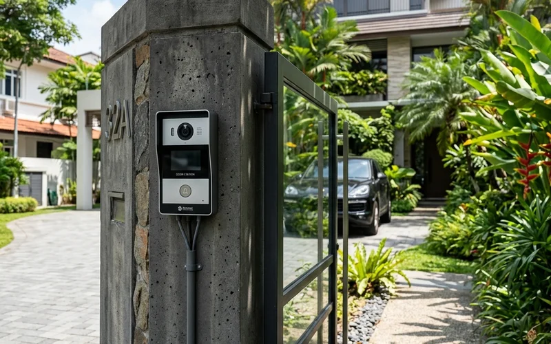 IP video intercom door station installed at Singapore landed home gate with indoor monitor; typical installation for visitor management