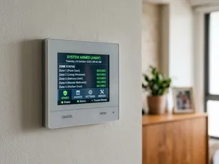 Modern alarm system keypad with touchscreen display showing zone status and system controls; the user interface of a current-generation alarm system