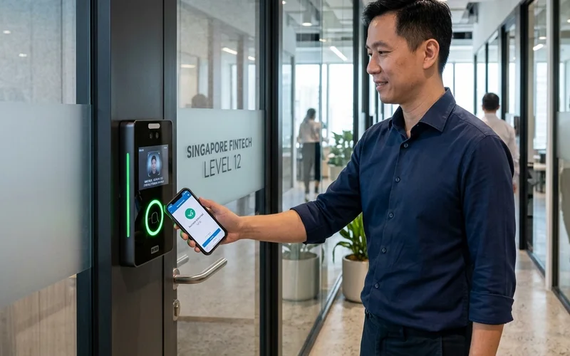 Modern access control reader supporting face recognition and mobile credentials at Singapore commercial office door