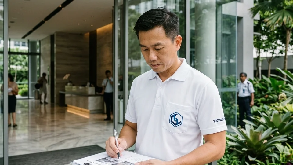 Securevision engineer reviewing CCTV camera placement plan for Singapore property; planning coverage before specifying equipment
