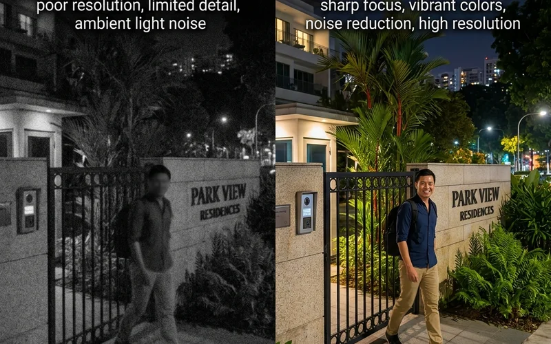 CCTV camera night vision image of Singapore property entrance; low-light performance is critical for useful incident evidence
