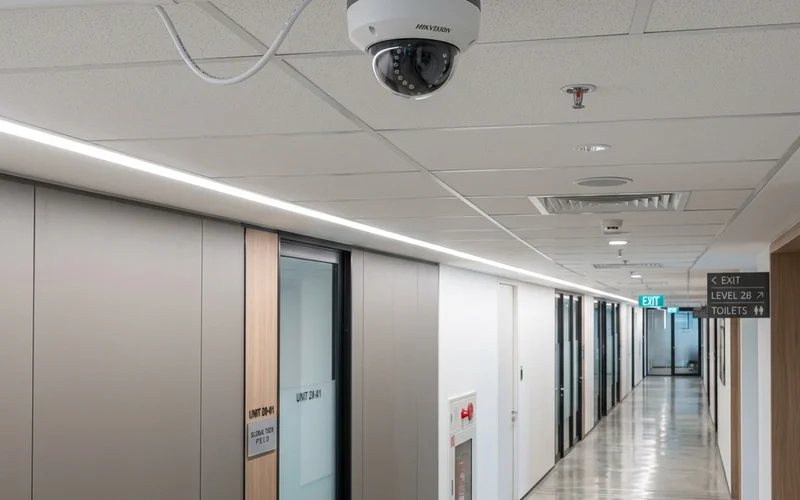 IP CCTV camera installation in Singapore commercial building; modern network-connected camera on ceiling mount