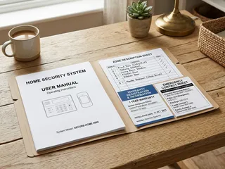 Security system documentation folder with user manuals, zone descriptions and warranty information; the paperwork that makes future support possible