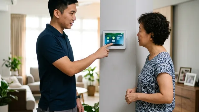 Security installer completing handover with homeowner at alarm keypad; the moment of transition from installation to ownership