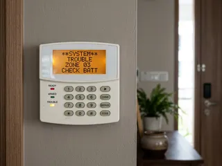Alarm keypad displaying a fault or trouble condition; the beeping keypad is the most common support call for alarm system owners