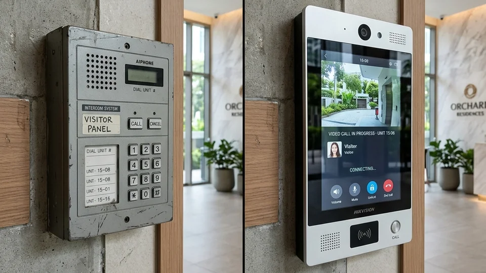 Traditional intercom handset beside modern IP video intercom panel; illustrating the evolution of Singapore condominium intercom technology
