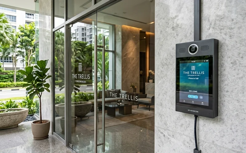 Modern IP video intercom door station installed at Singapore condominium lobby; connected over standard network infrastructure