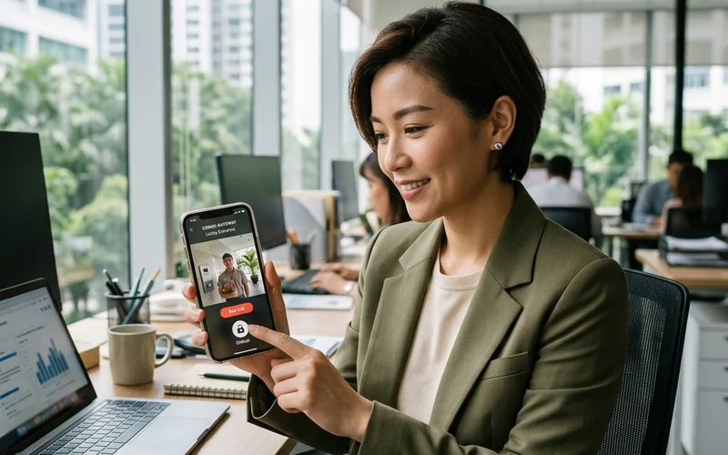 Singapore resident answering condominium visitor intercom call on smartphone; mobile access is the most impactful feature of modern IP systems