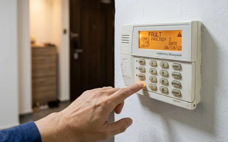 Singapore homeowner reading fault display on burglar alarm keypad mounted in home entrance