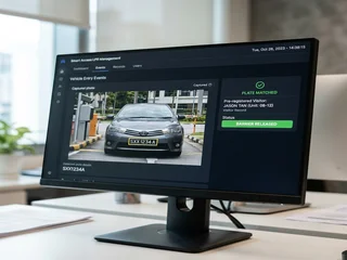 LPR system screen showing a visitor vehicle licence plate being read and matched against the pre-registered visitor database; automatic barrier release without guard intervention
