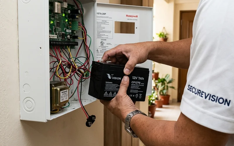 Alarm panel backup battery replacement during Securevision maintenance visit at Singapore residential property