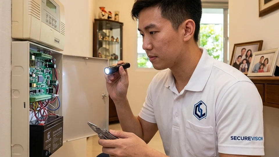 Securevision engineer checking burglar alarm control panel during annual maintenance visit at Singapore home