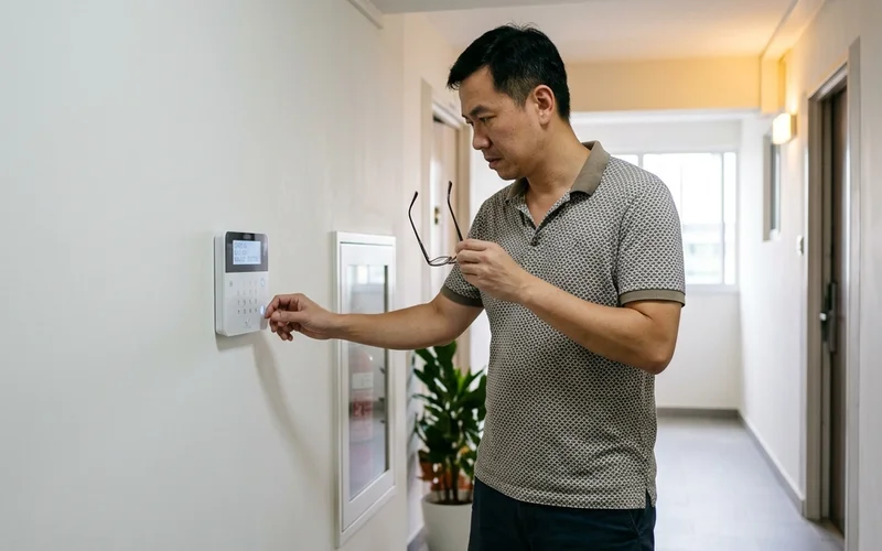 Singapore homeowner checking alarm keypad display during walk-test with motion detector visible in background